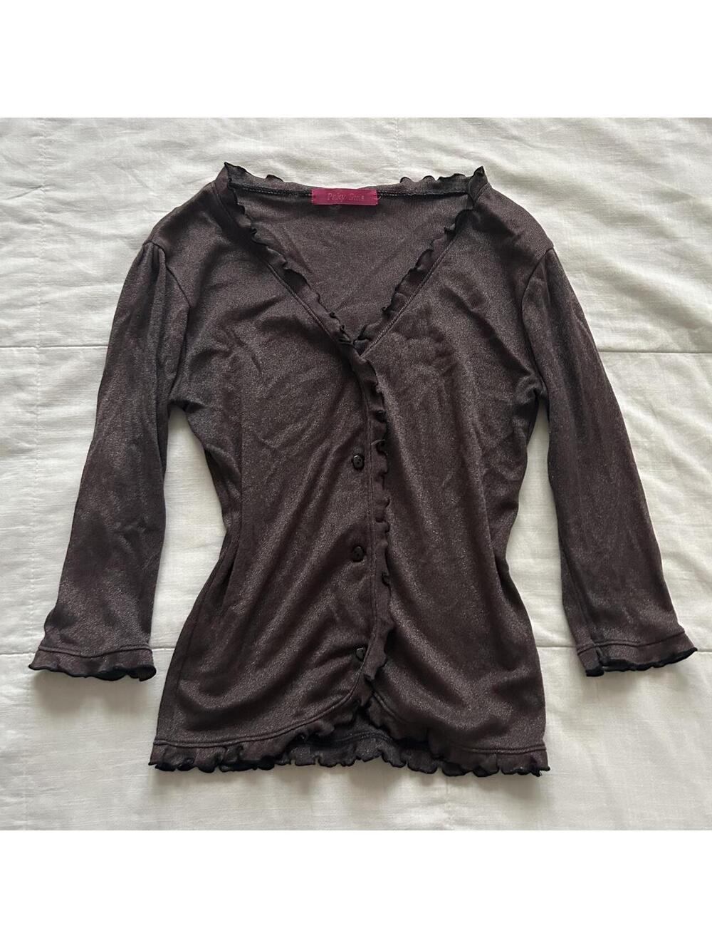 Pinky Girls Brown Cardigan Top V Neck Lettuce Trim 3/4 Sleeve Small Japan